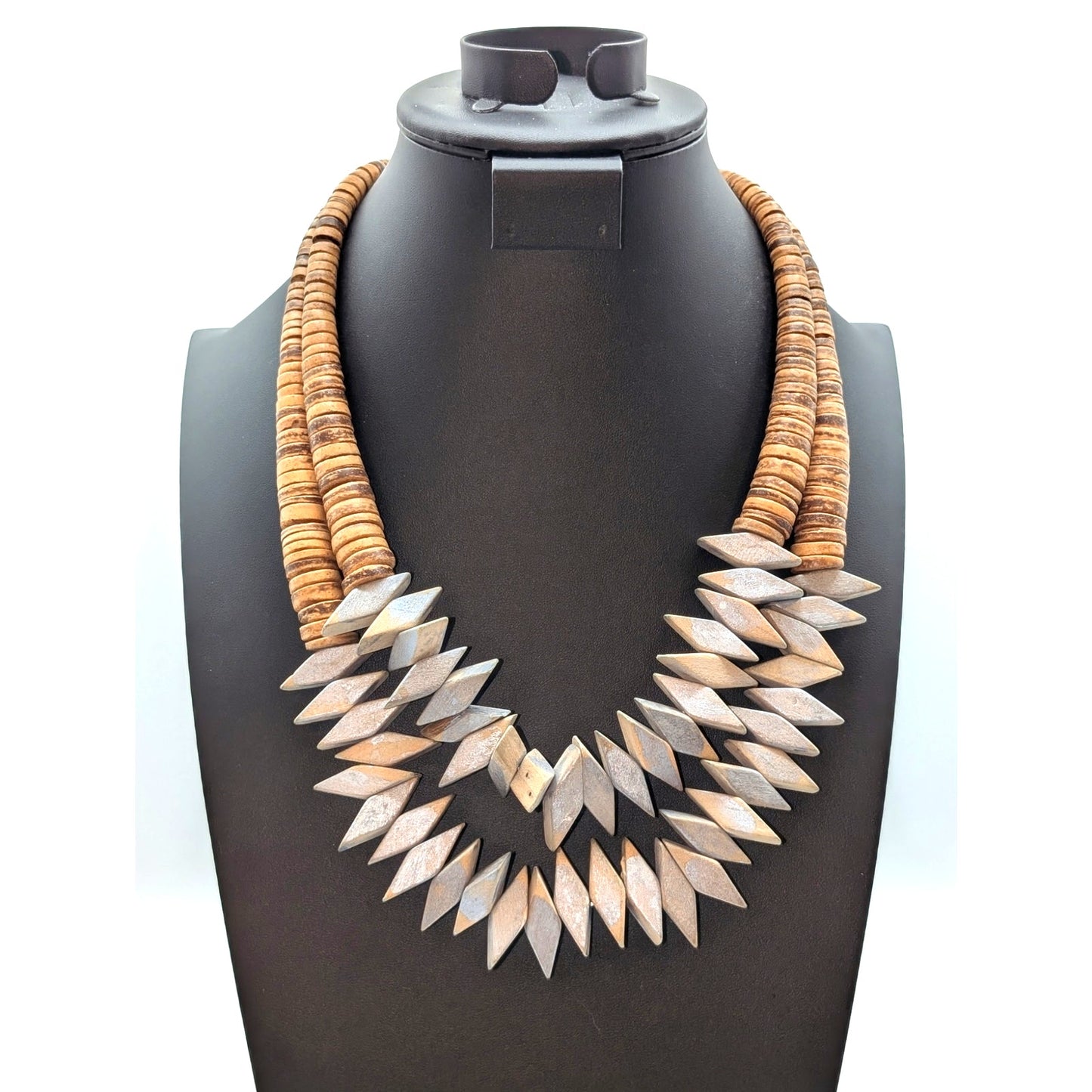 Tribal Hand Made Wood Two Strand Chevron Design Disk Bead Pull String Necklace