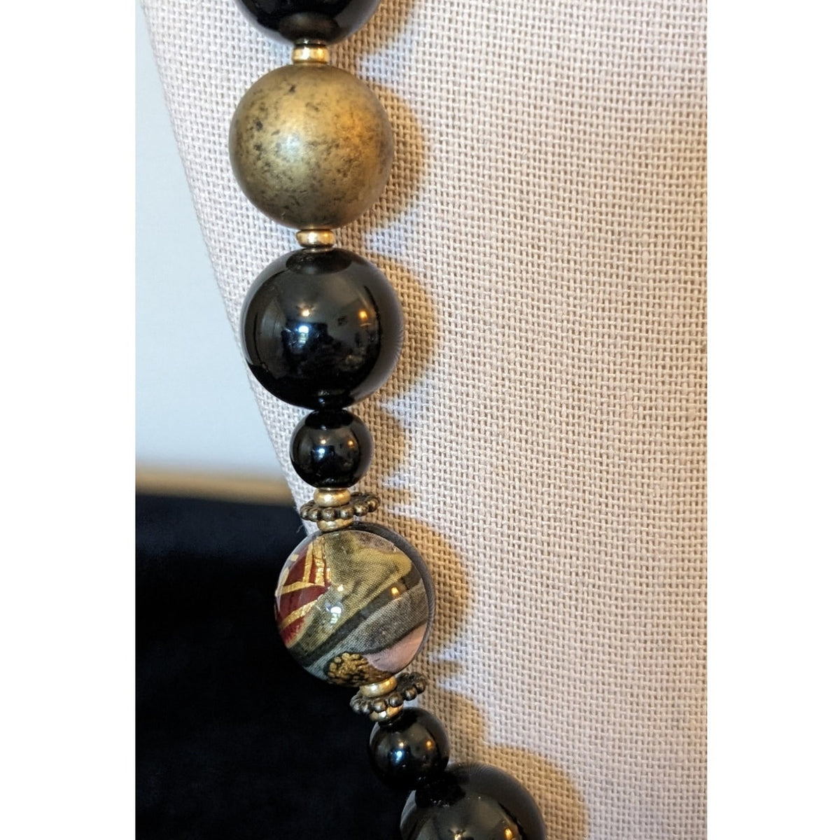 Two Black/Gold & Painted Beaded Vintage 24" & 28" Necklaces