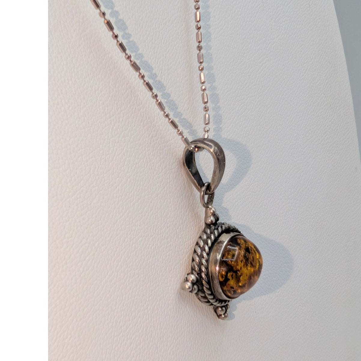 Vintage Sterling Silver Amber Pendant on 18" Sterling Bead Bar Chain Necklace