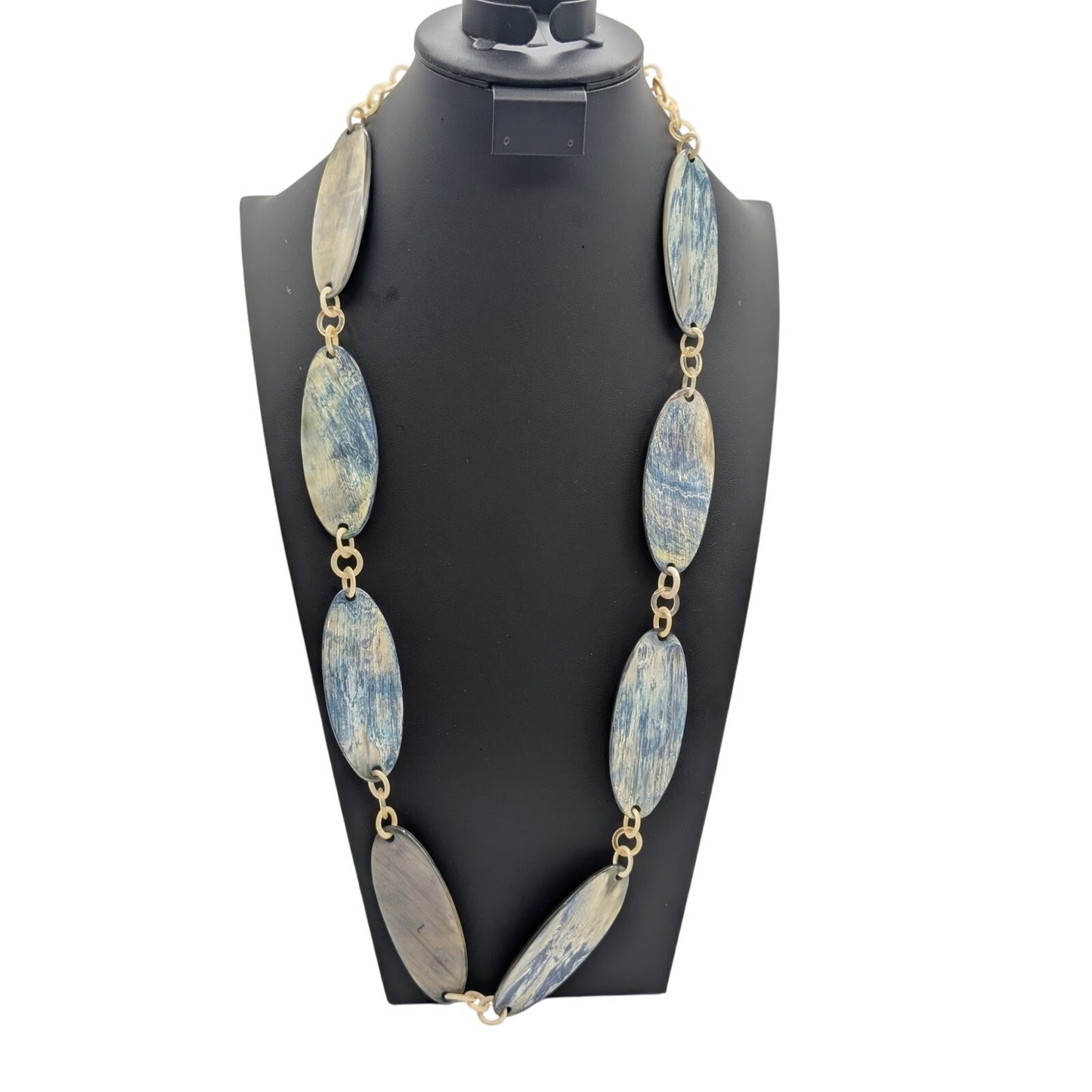 Artisan Created Boho Wood Look Lucite Oval Disk & Loopy Chain 32" Necklace