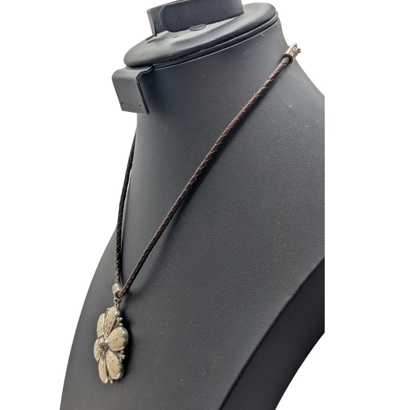 Brighton Rare "Safari Flower" Enamel Pendant Brown Leather 17"-19" Necklace