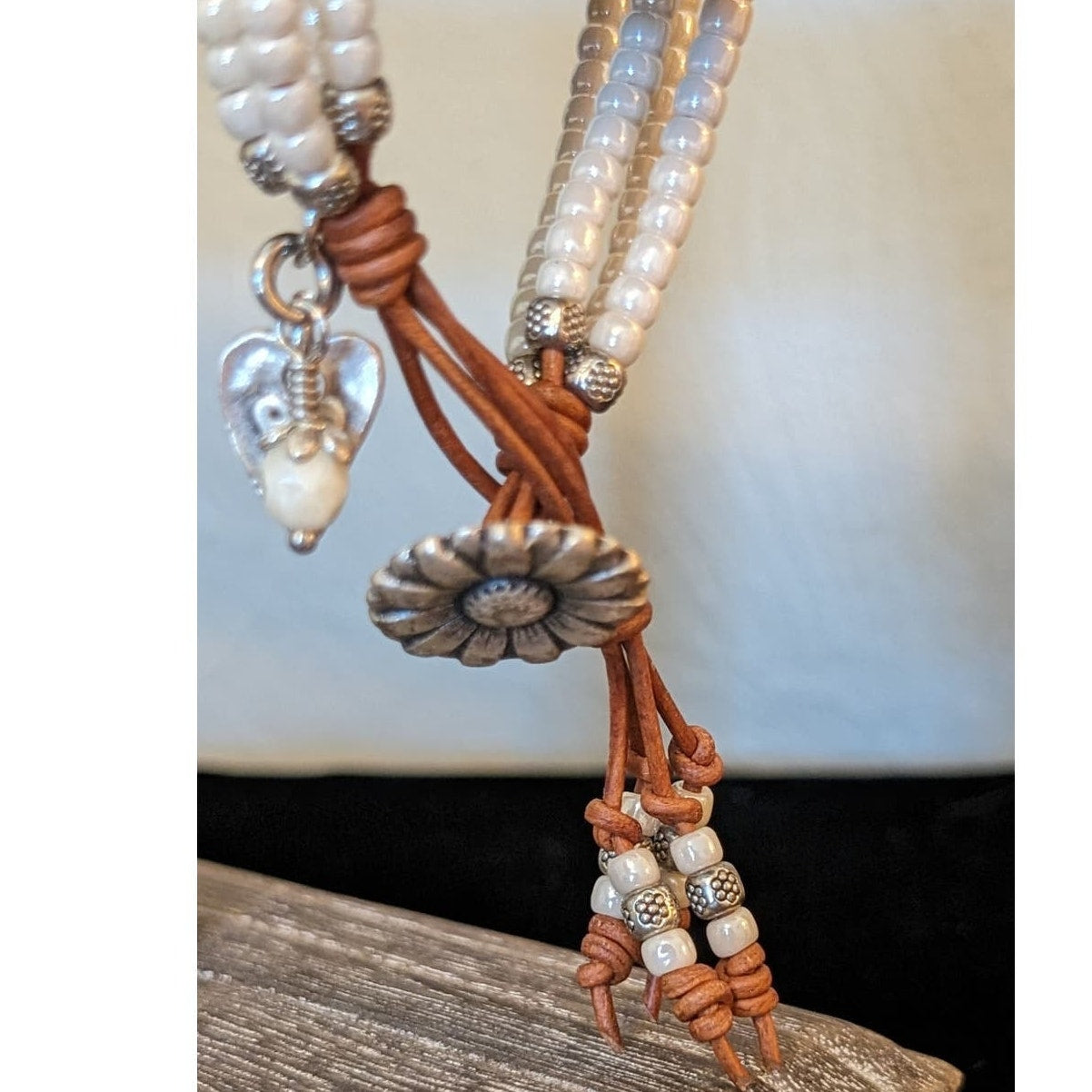 Beaded Leather Sunflower Wrap Dangle Charm Boho Bracelet