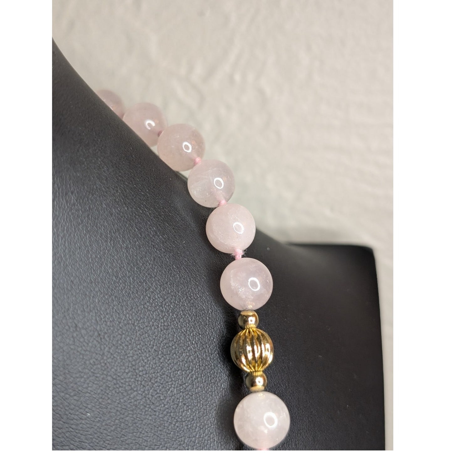 Ice Cold Rose Quartz & Gold Striated Bead Hand Knotted Over the Head Necklace