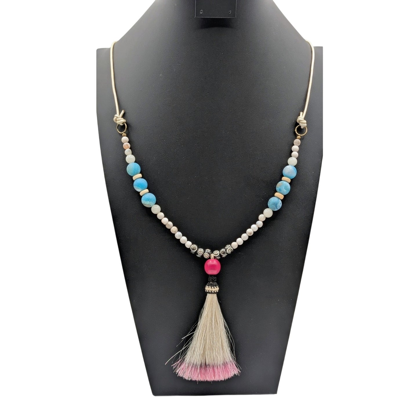 Boho Blue Pink White Black Stone Beaded Pink Tipped Tassel Long Cord Necklace