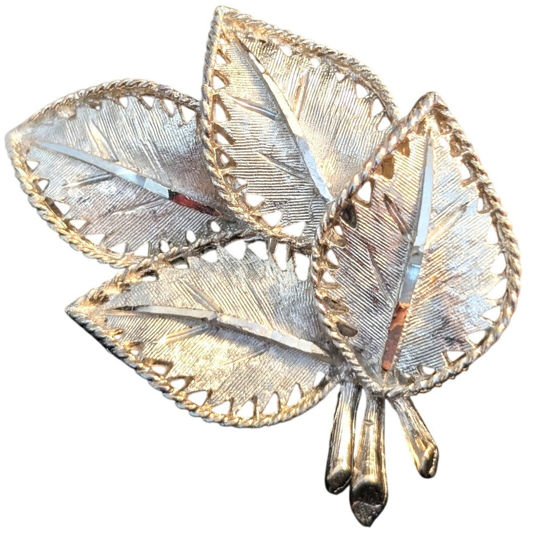 Vintage Signed BSK Gold Tone Four Leaf Textured Diamond Cut BROOCH