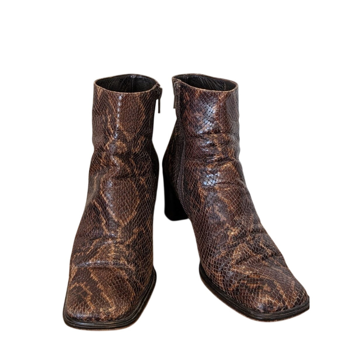 Via Spiga Snakeskin Print Brown Leather Zip Ankle Boots Square Toe Italy Sz 7.5M