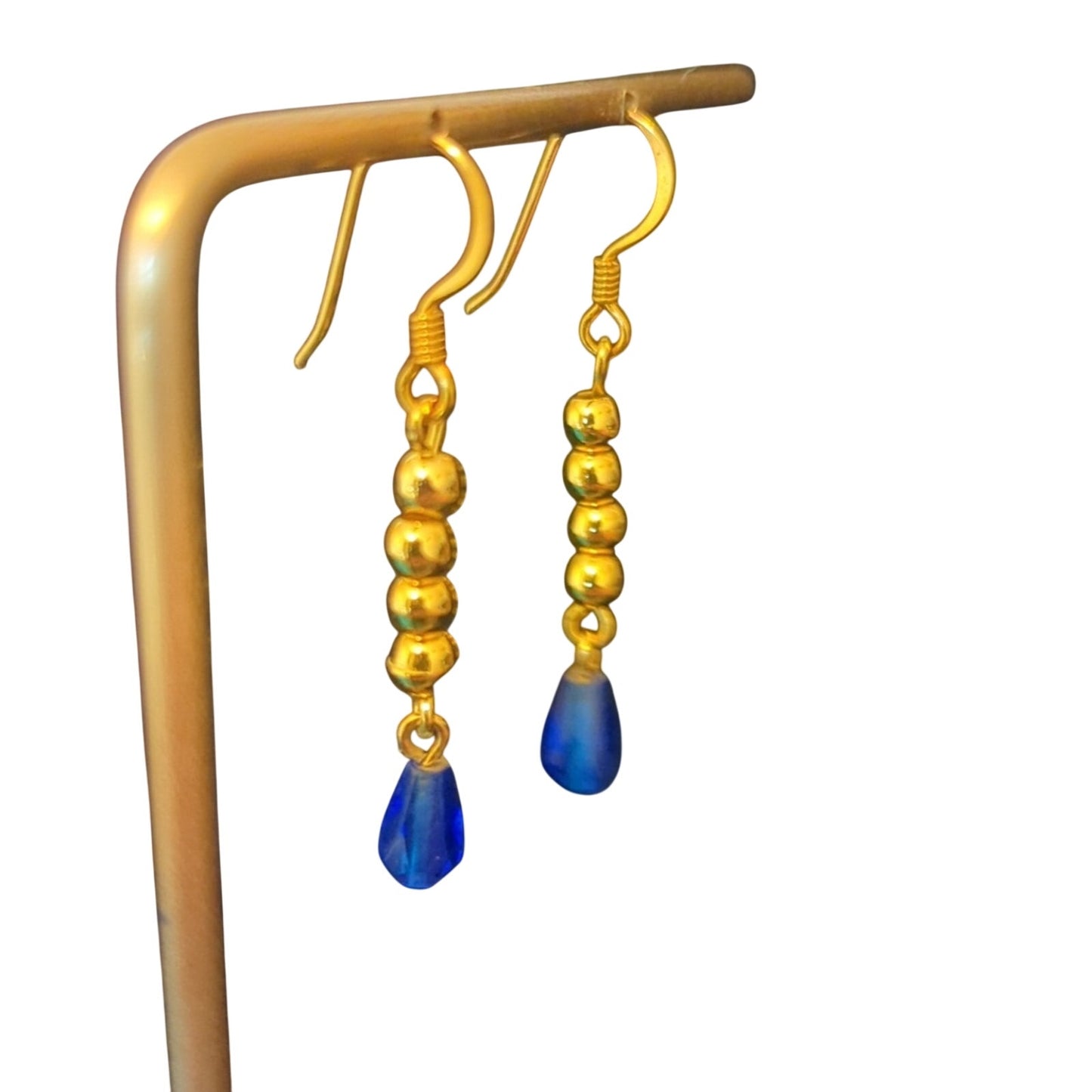 Blue Crystal Briolette and Gold Tone Dangle French Wire Earrings