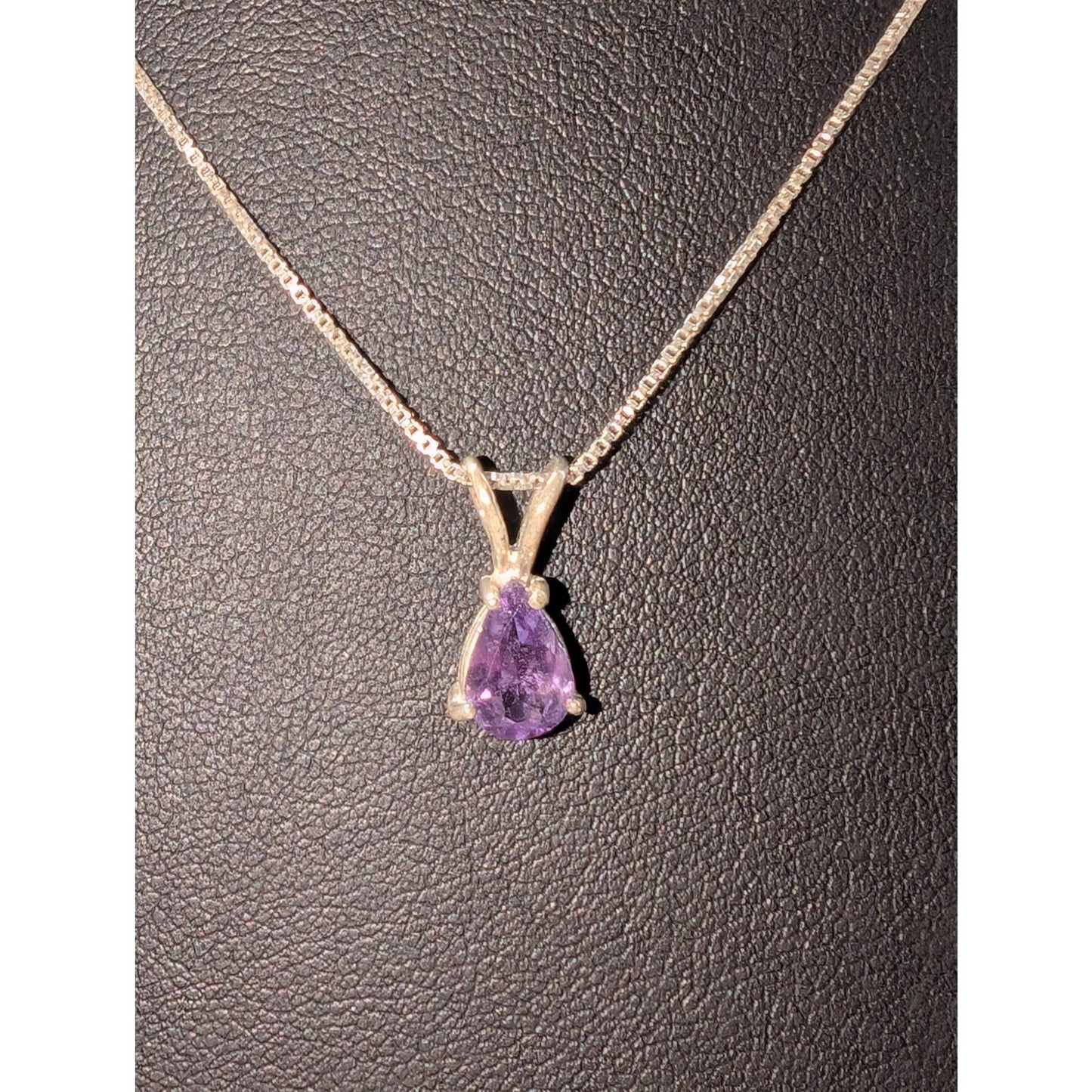 Vintage 925 Sterling Silver Purple Spinel Teardrop Pendant Box Chain Necklace