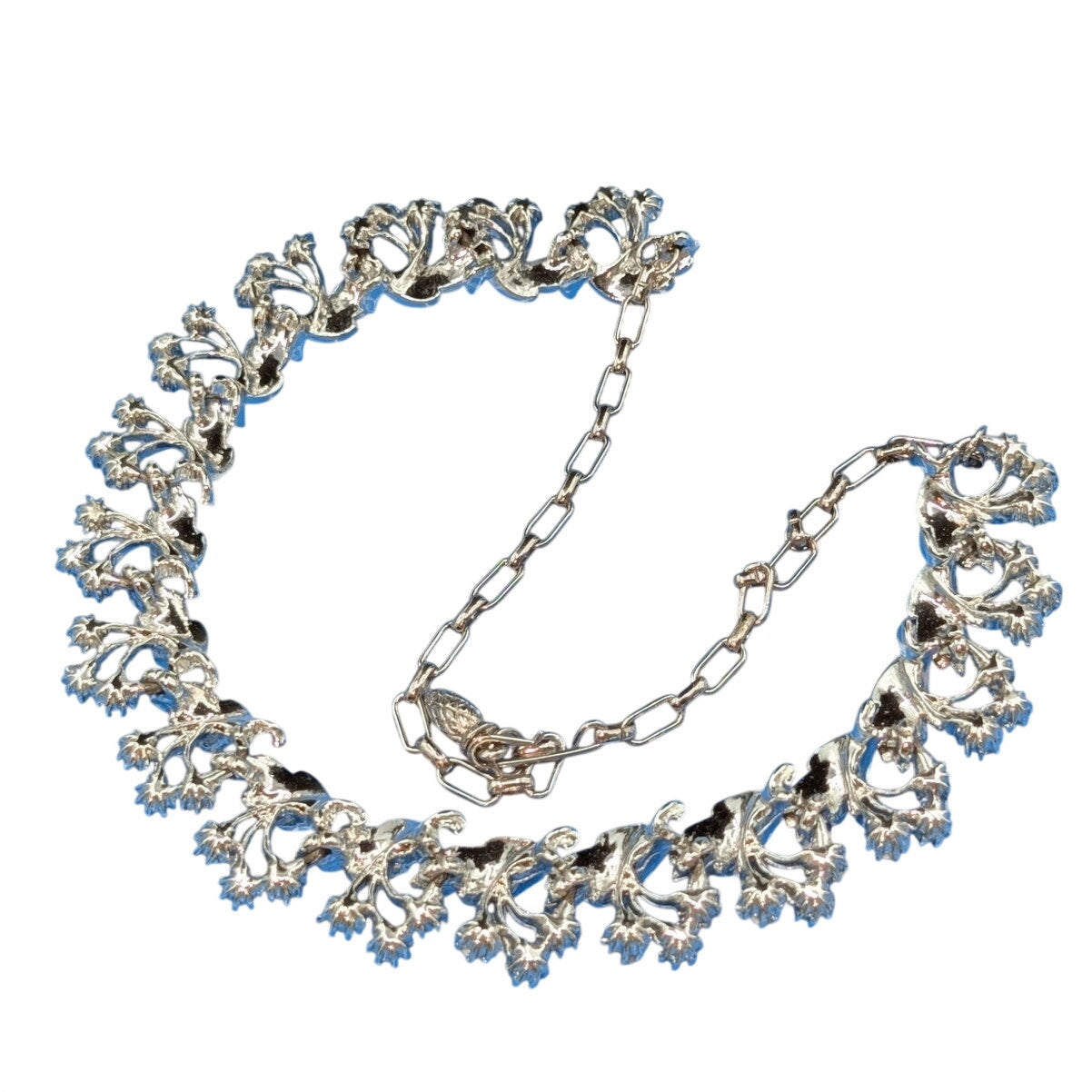 Vintage 50s Blue Leaf AB Crystal Pearl Silver Tone Hook Clasp 19" Chain Necklace