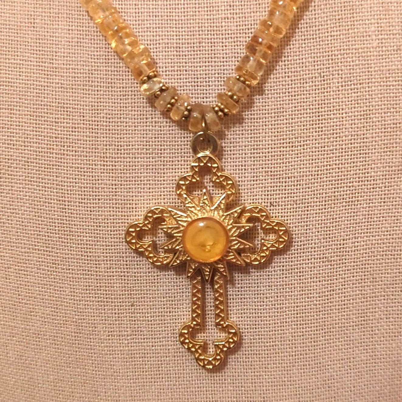 Genuine Citrine Bead Chain & Gold Tone Cross Pendant W/ Hook Closure