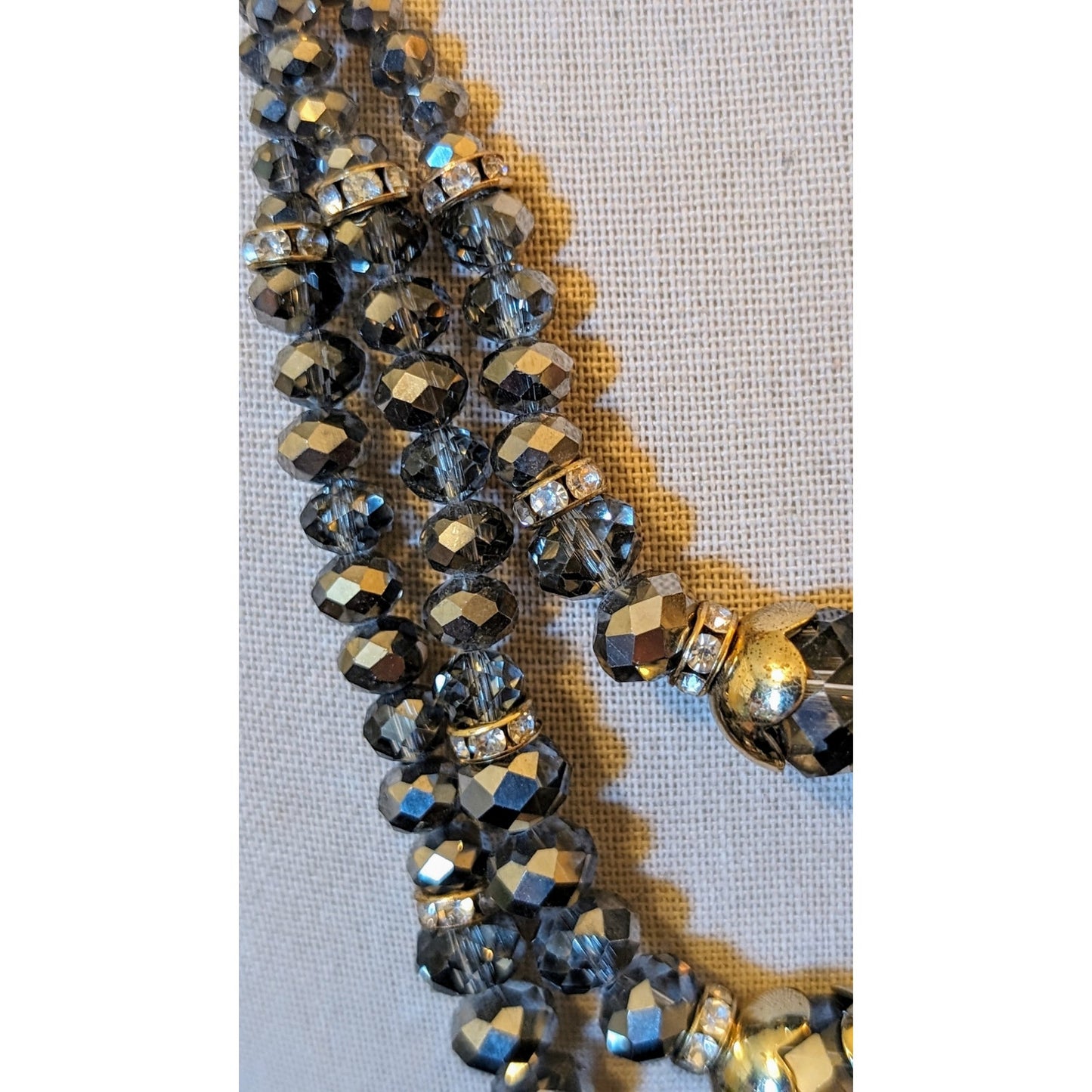 Smoky Gray, Metallic Crystal Bead, Gold Tone Rondelles, Scalloped Cap Necklace