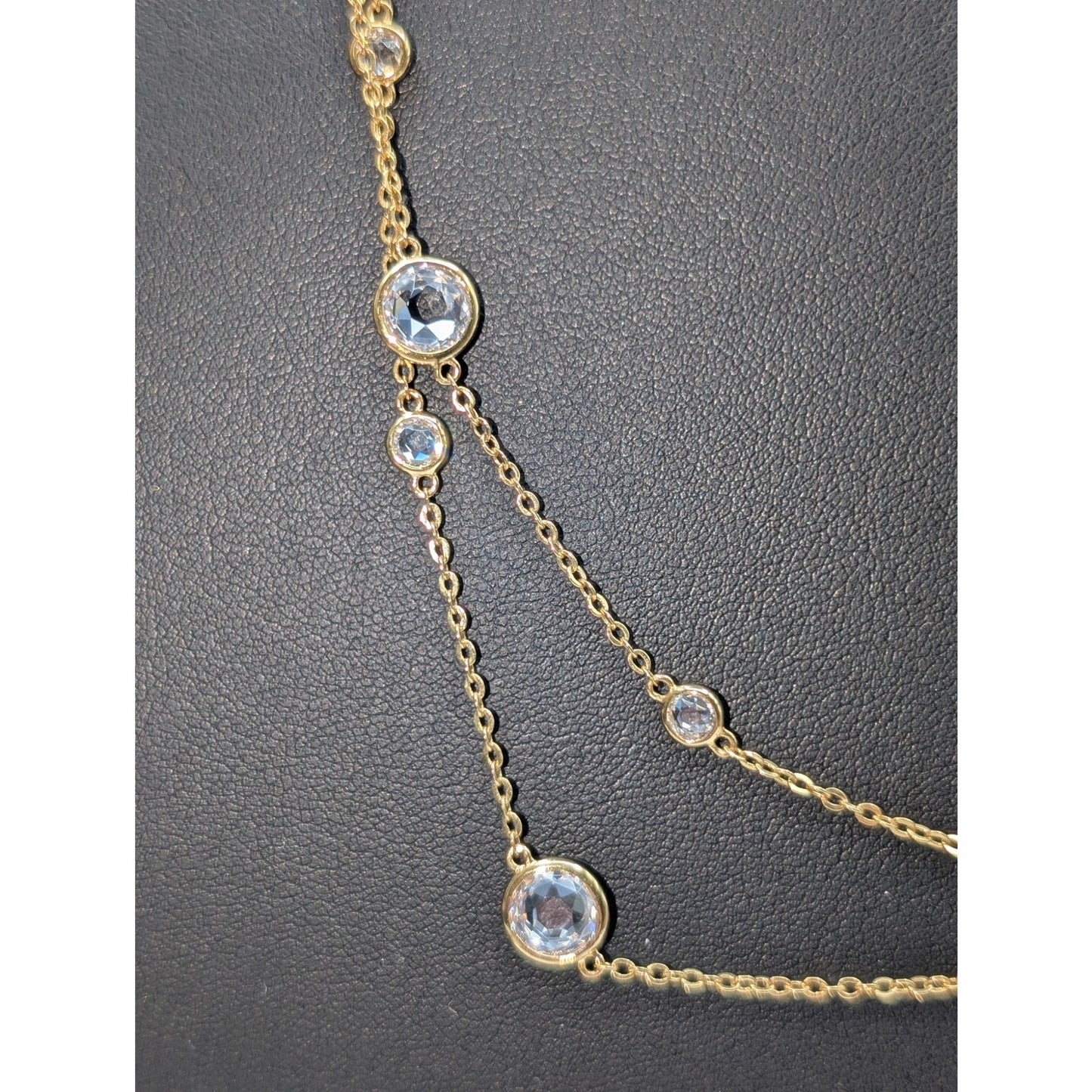 52" Long Gold Tone Bezel Set Small & Larger Glass Crystal Station Chain Necklace