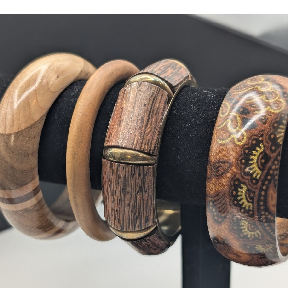 Lot of Four Wood/Wood Grain/Floral Print Brown Bangle Bracelets