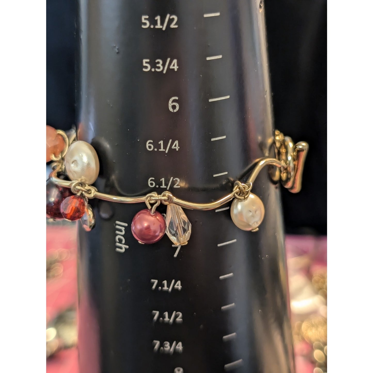 Gold Tone Colored Pearl Crystal Glass Amber Bead Scalloped Bar Toggle Bracelet