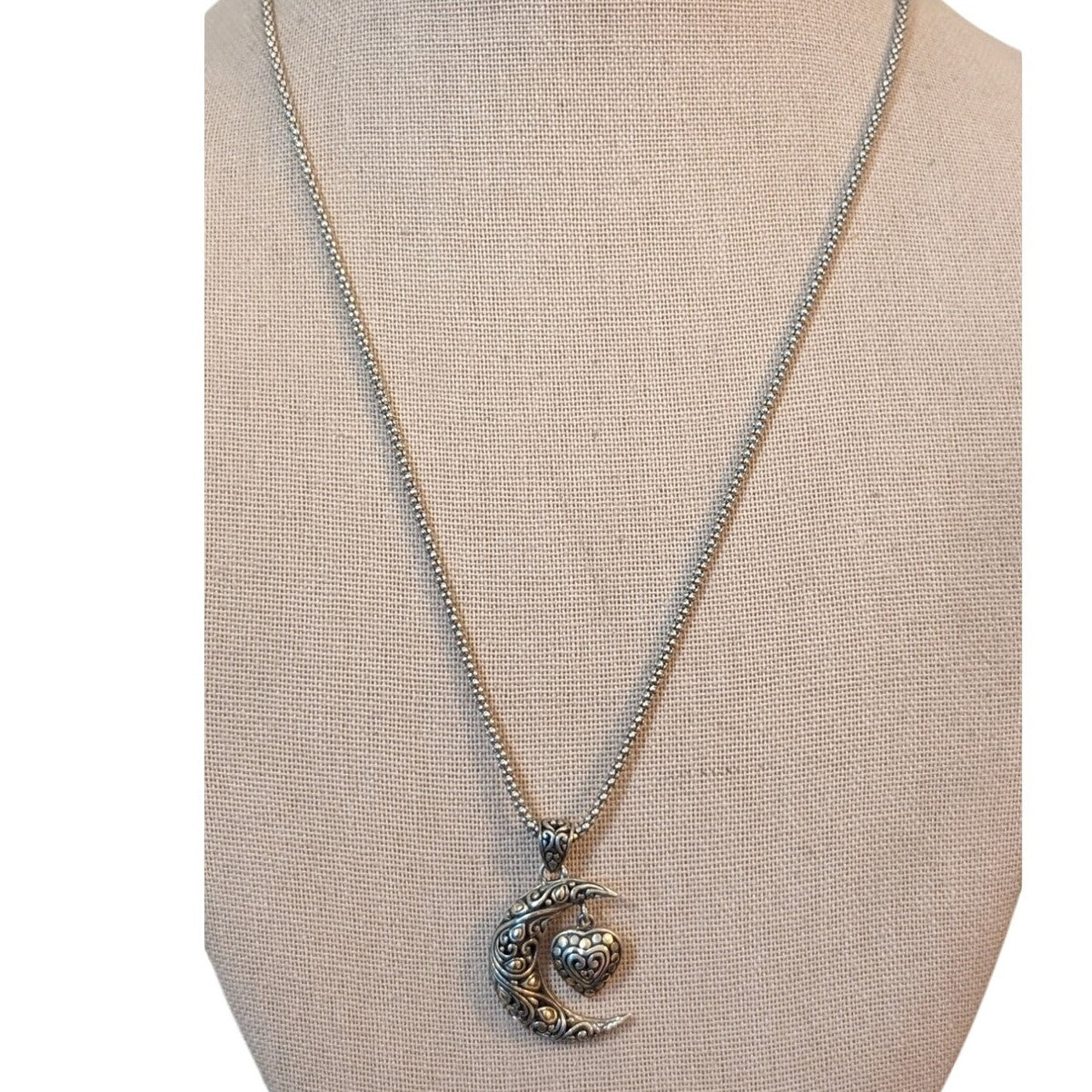 925 Sterling & 14K Two Toned Filigree Moon & Dangling Heart Pendant Necklace