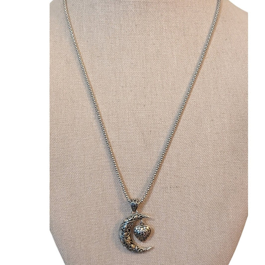 925 Sterling & 14K Two Toned Filigree Moon & Dangling Heart Pendant Necklace
