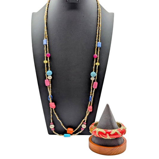 Chico's Boho 2 Strand Beaded Stone Pearl 38" Necklace & Enamel Clamper Bracelet