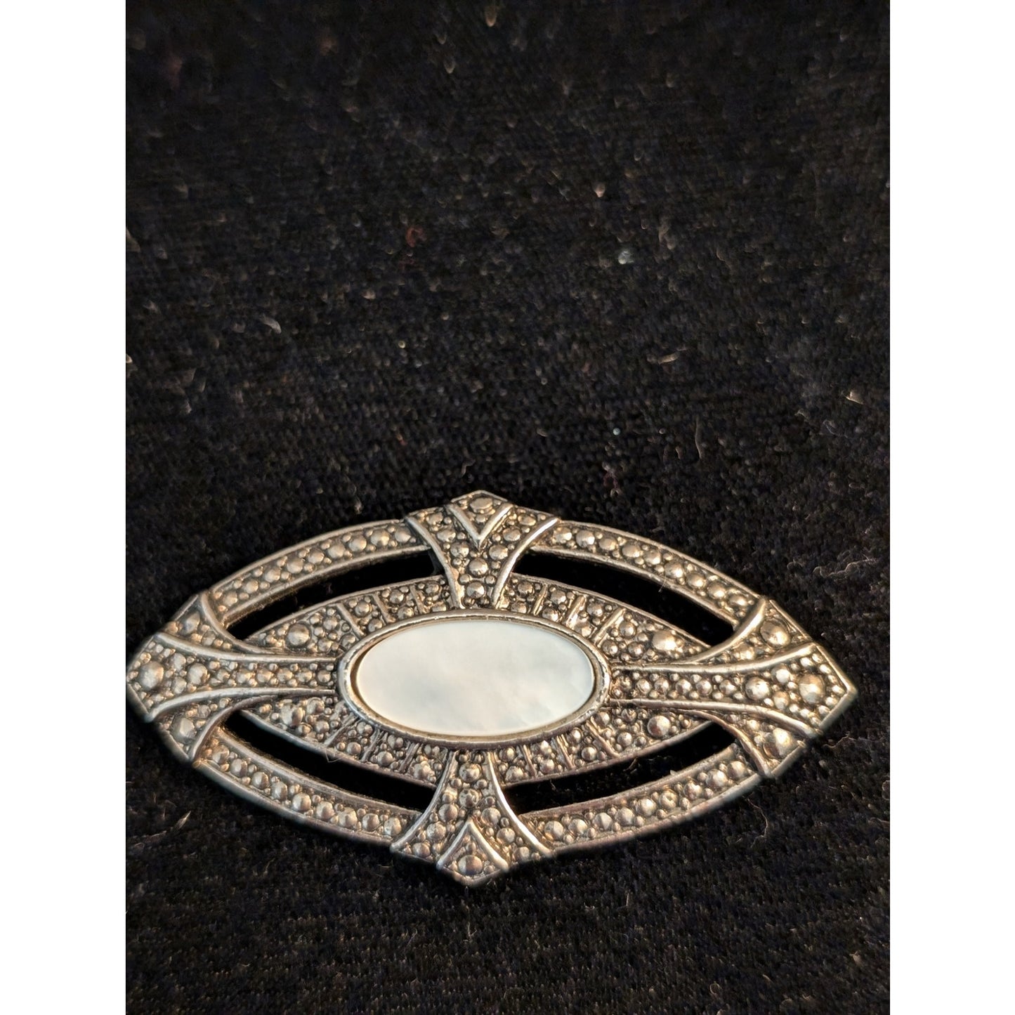 Art Deco Mother of Pearl Silver Tone Marcasite Look Brooch