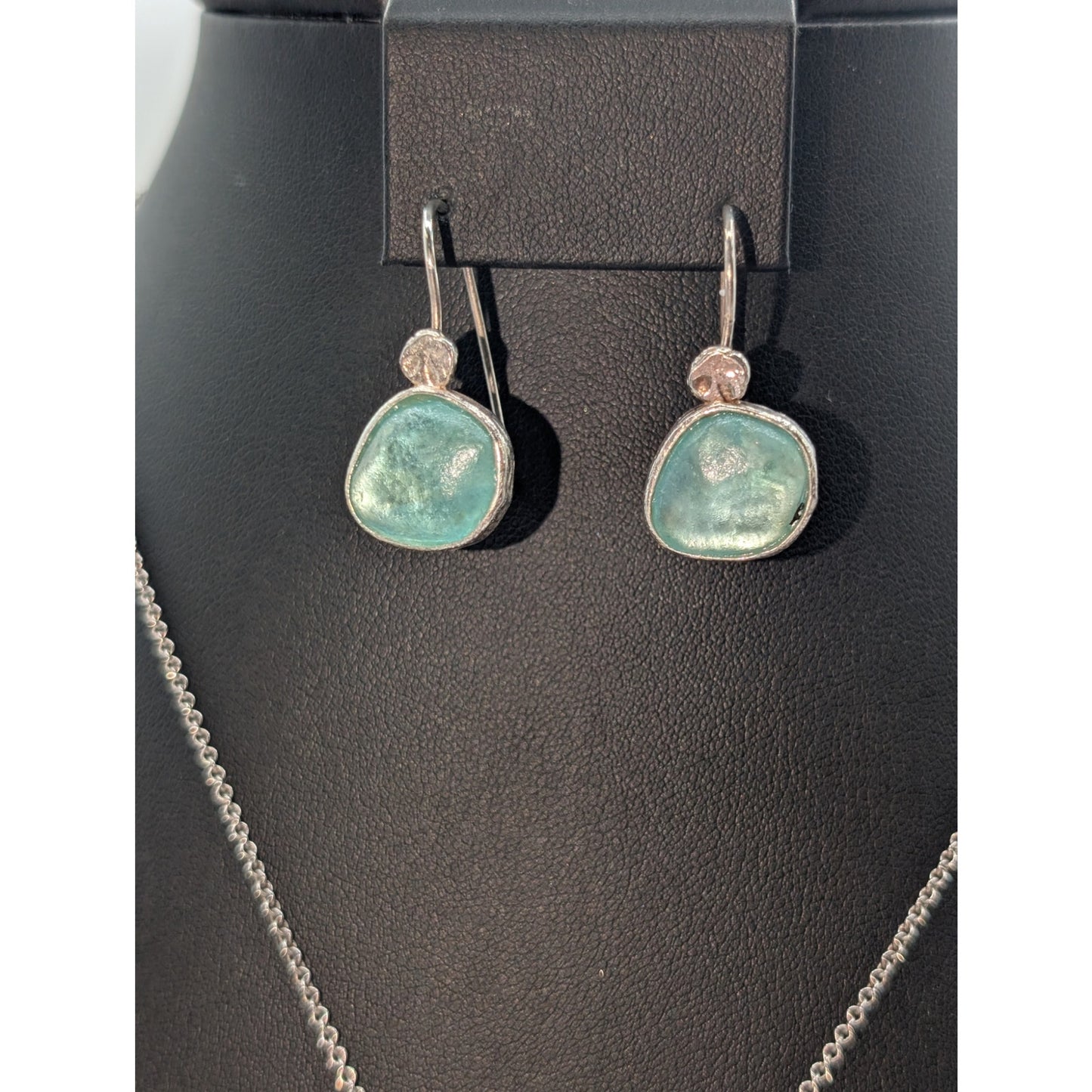 Vtg 925 Sterling Silver Israel Made Roman Glass Pendant Necklace & Earring Set