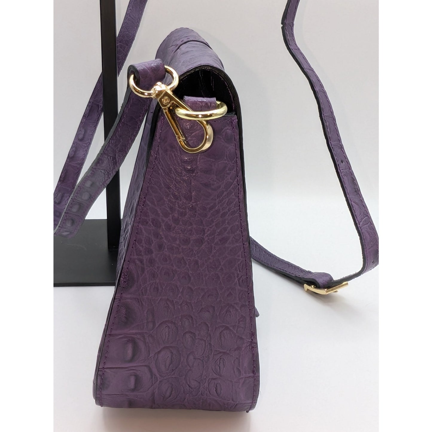 Firenze Italy Purple Leather Croc Embossed Long Strap/Short Strap Shoulder Bag