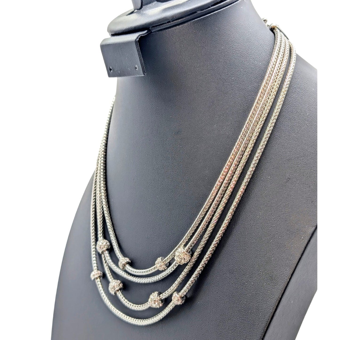 Silver Tone 4 Strand Wheat Chain Pave Bead Stations16.5"-20" Necklace