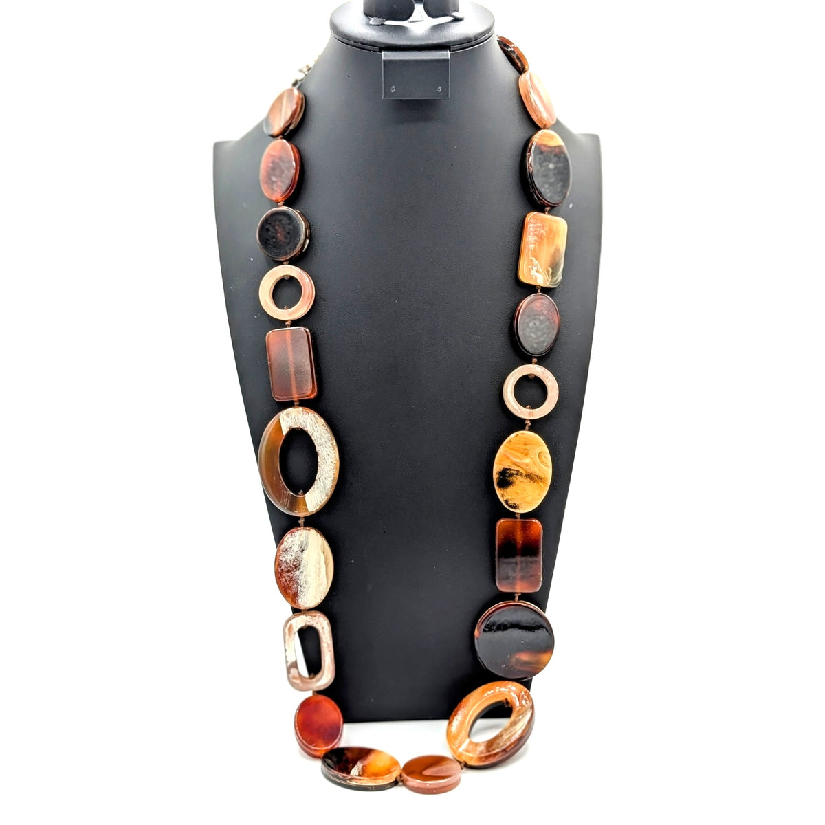 Vintage Chunky Layered Lucite Multi Geometric Hand Knotted Bead  Long Necklace