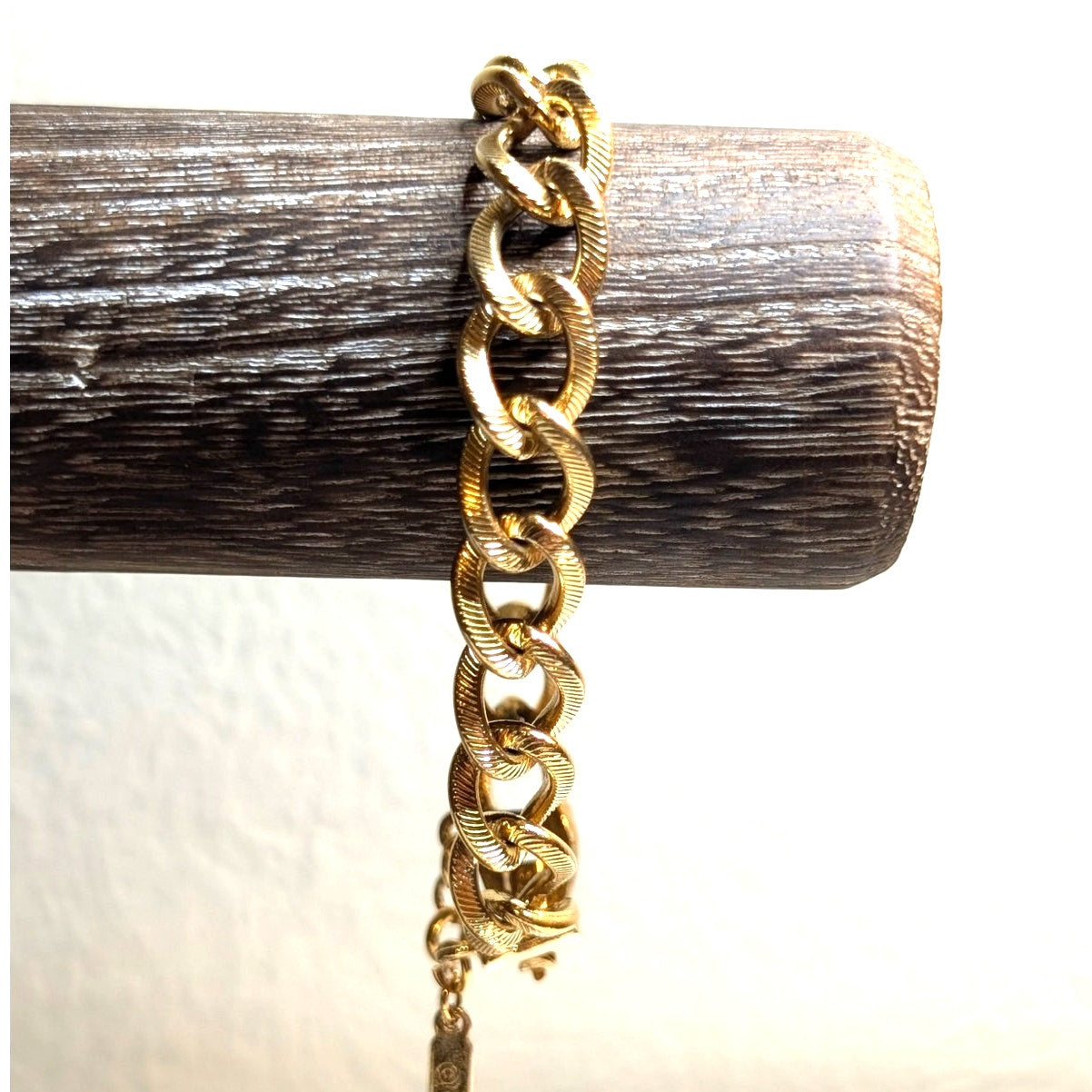 MONET Vintage Gold Tone Textured Cuban Link Safety Chain Charm Bracelet