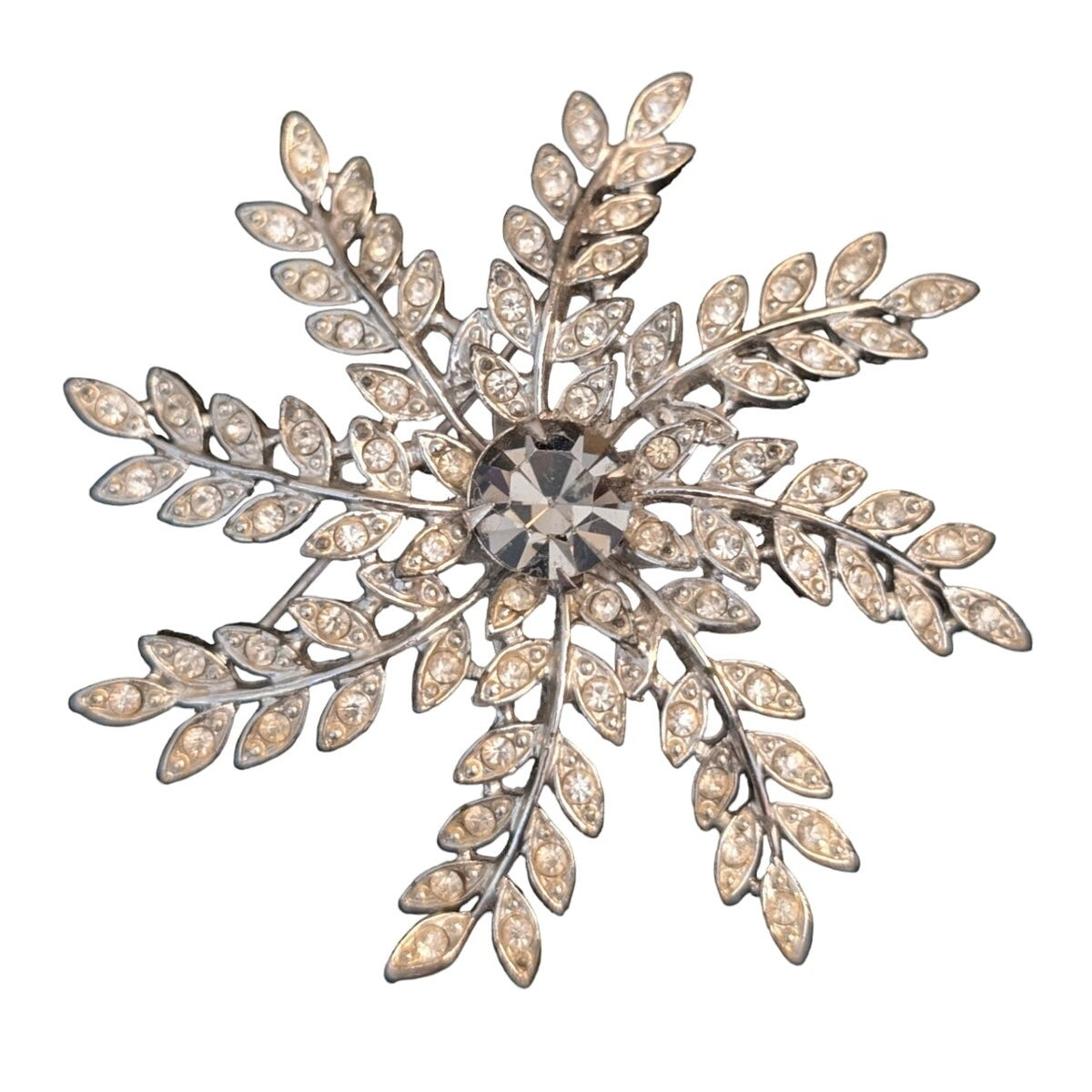Vintage 1963 Sarah Coventry Silver Tone Rhinestone Snowflake Leaf Brooch