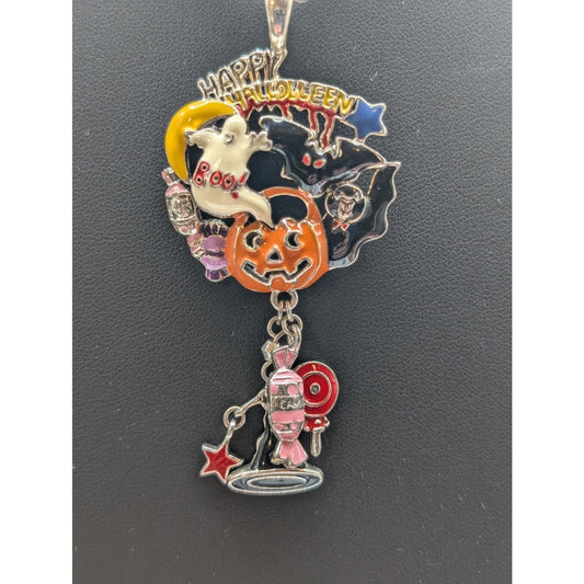 Happy Halloween Pumpkin Boo Ghost Bat Vampire Enamel Silver Tone 17" Necklace