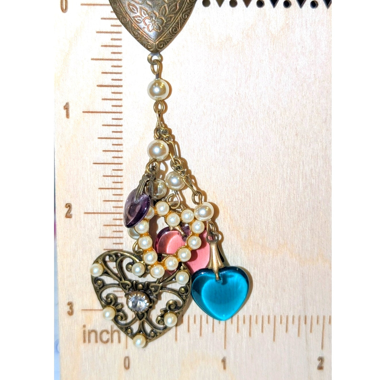 Vintage Heart Charm Faux Pearl Chandelier Dangle Earrings