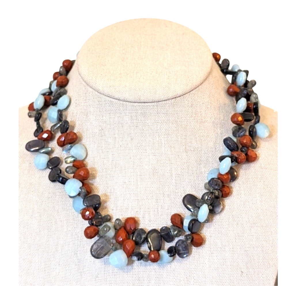 Genuine Faceted Stone Double Strand Bead Sterling Silver Necklace