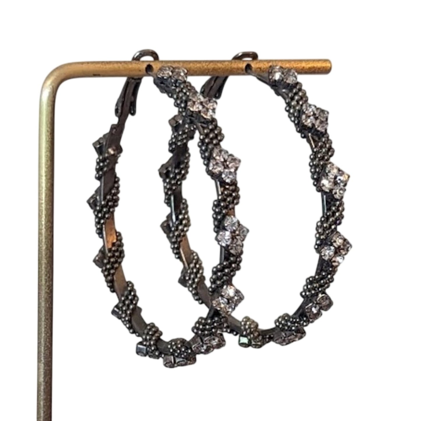 Gun Metal Beaded Flower Rhinestone Hoop Earrings