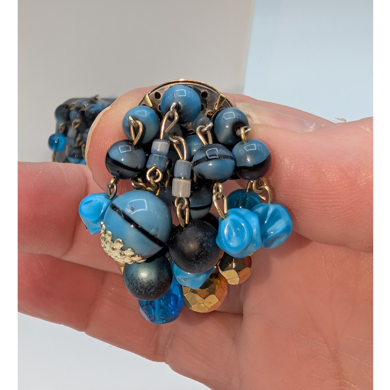 Vintage West Germany Blue Gold Bauble Bead Dangle Clip On Earrings