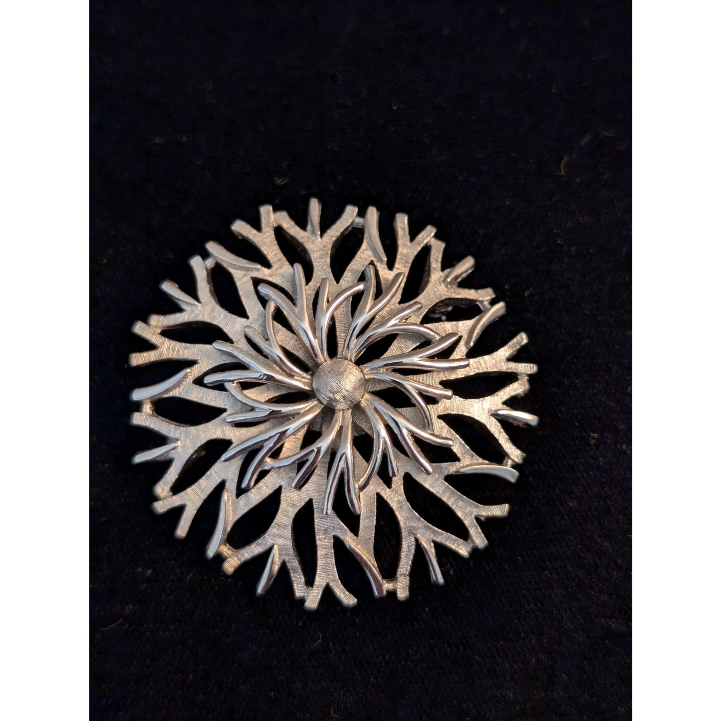 Crown Trifari Signed Vtg Abstract Flower Brushed & Polished Silver Tone Brooch