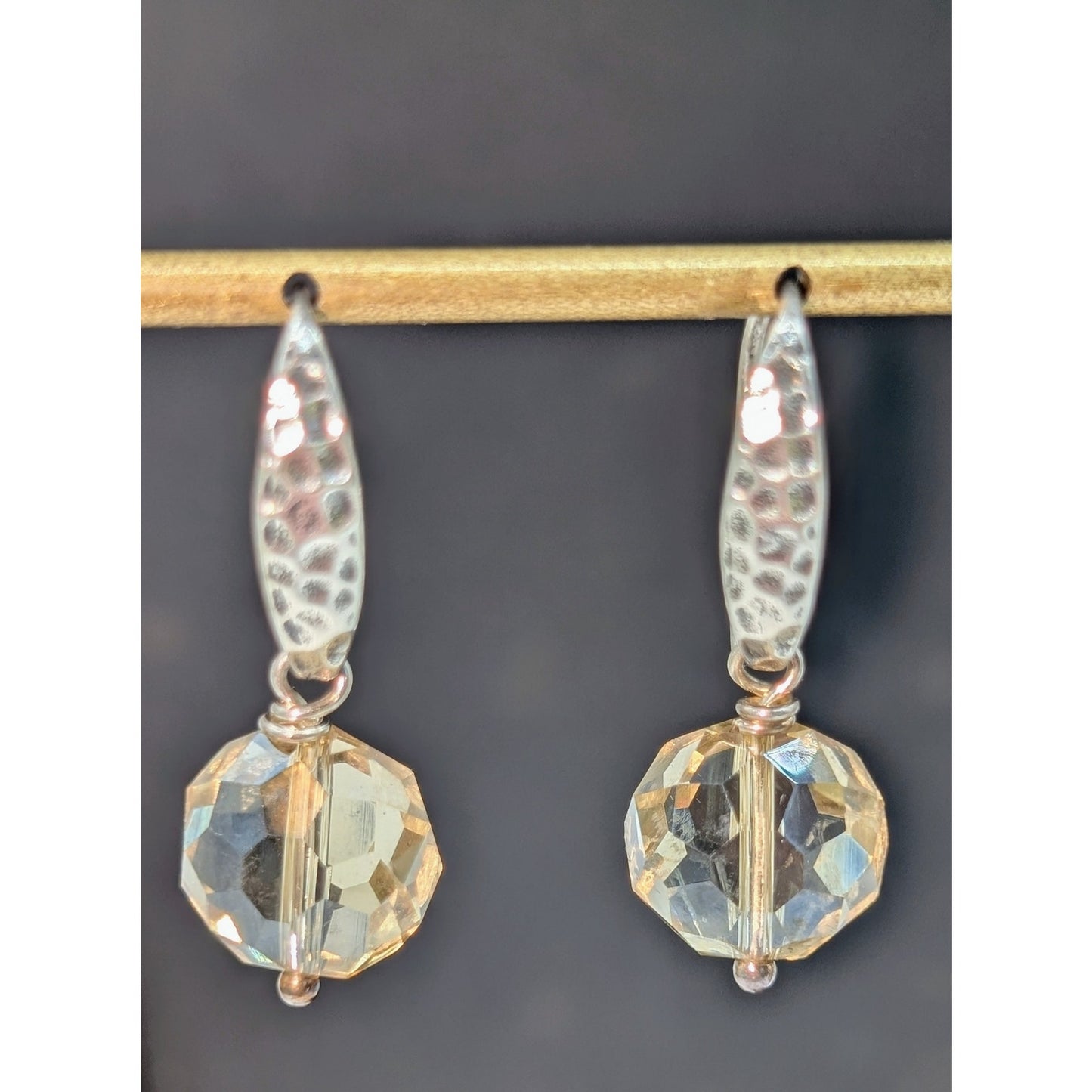 VTG Hammered 925 Sterling Silver Champagne Faceted Glass Bead Dangle Earrings