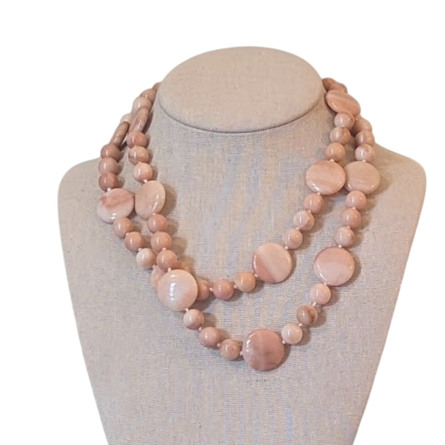 Peach Polished Stone Necklace with Gold Toggle Clasp Marked 'L'