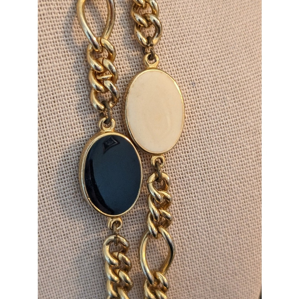 Vintage Gold Tone Chain W/ Navy & Cream Enamel Disk Stations 46" Necklace