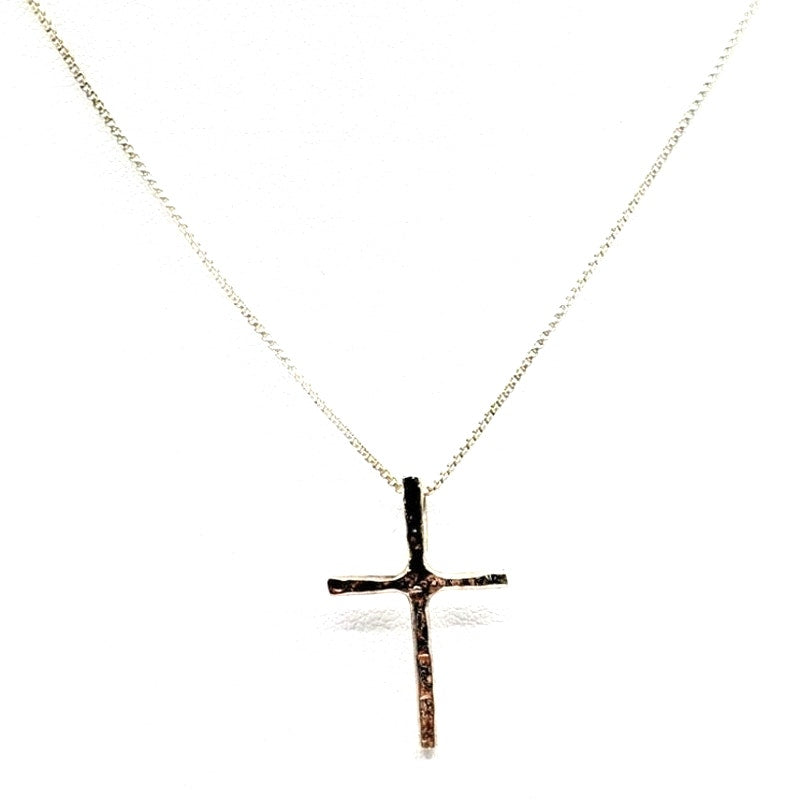 VTG Textured Minimalist Back Bale Sterling Cross Pendant 16" Box Chain Necklace