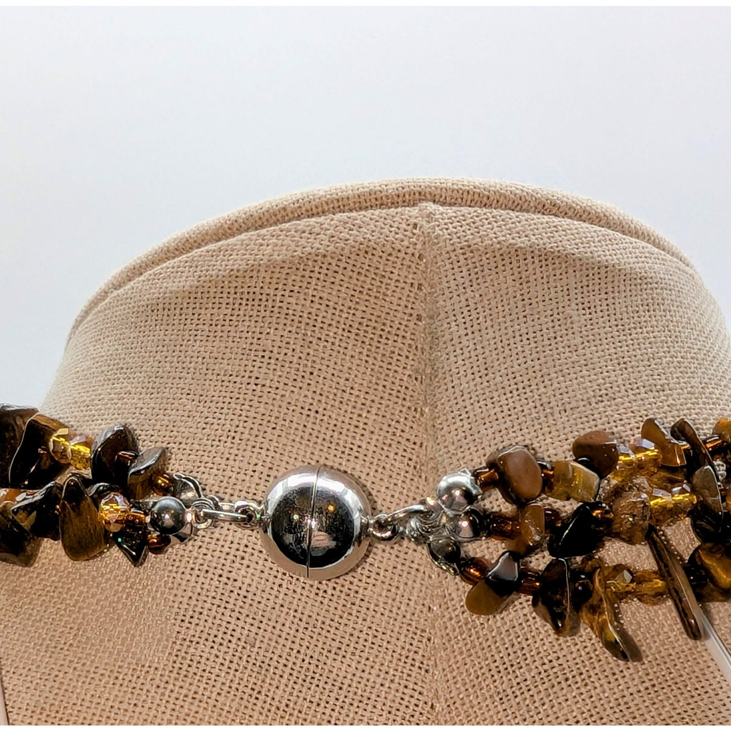 Triple Strand Tiger's Eye & Brown Chip Bead Magnetic Clasp Necklace & Bracelet