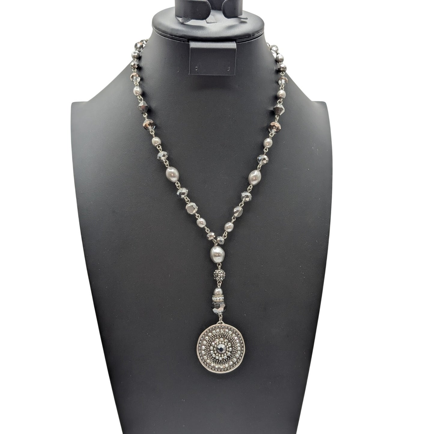 Chico's Silver Tone Metallic Crystal Gray Bead Y-Drop Medallion Pendant Necklace