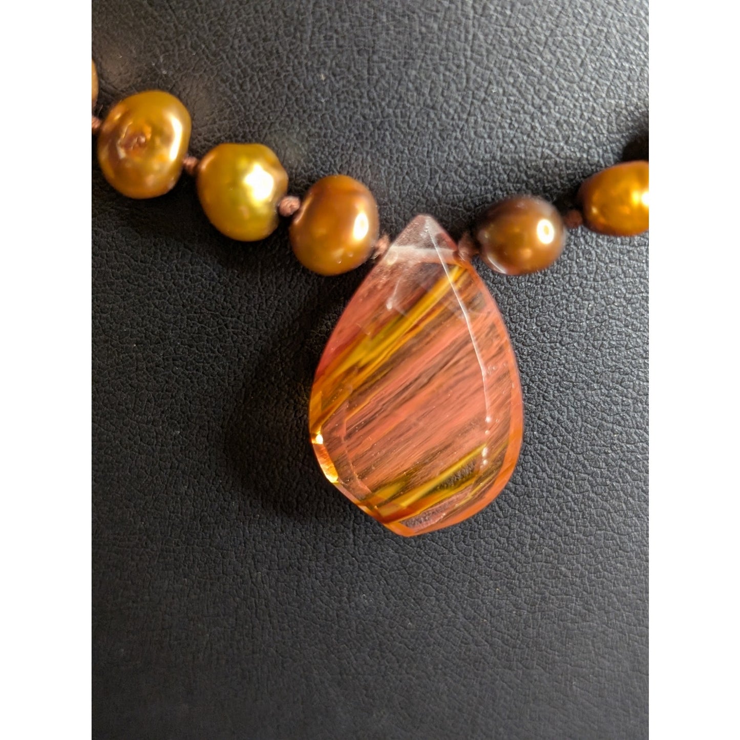 17" Gold Tone Genuine Copper Pearl Glass Teardrop Station Toggle Necklace
