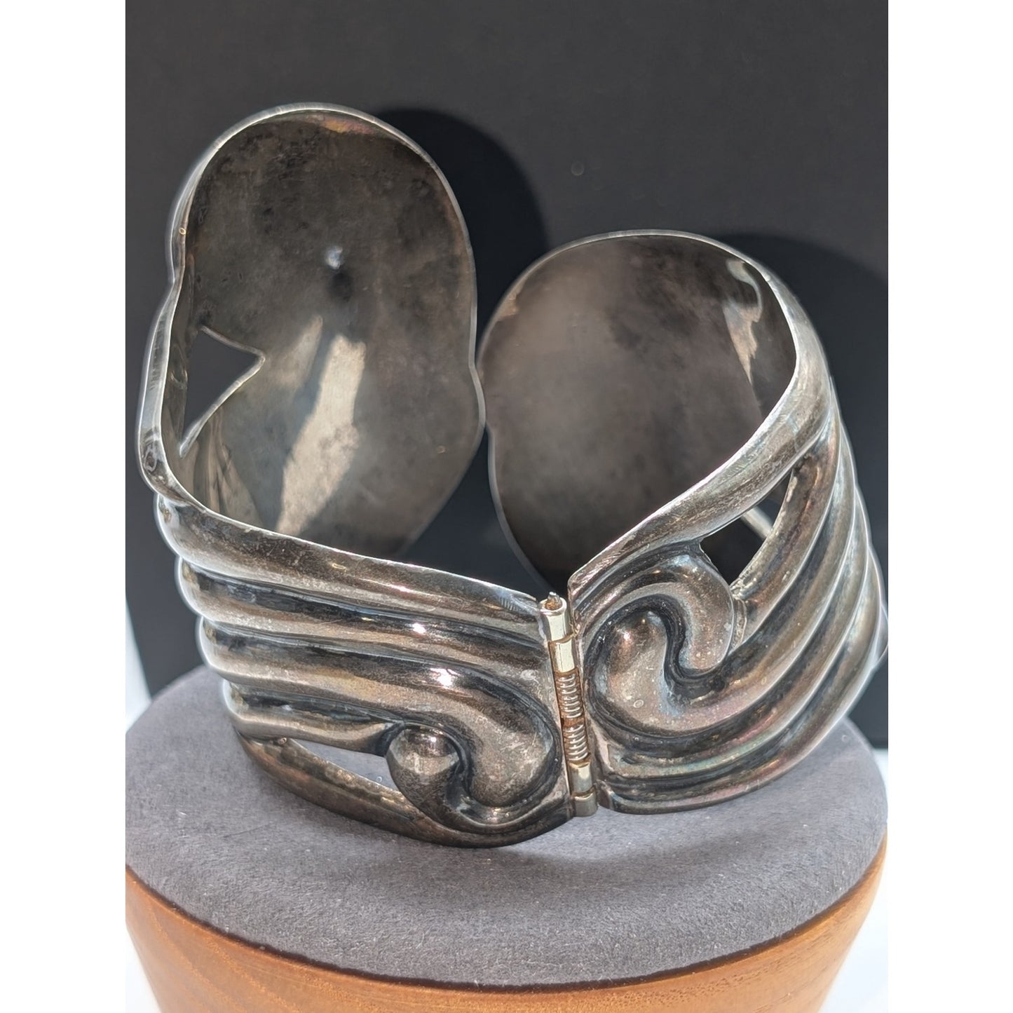 Vtg Taxco Signed ES Mexican Modernist 925 Sterling Scrolled Clamper Bracelet