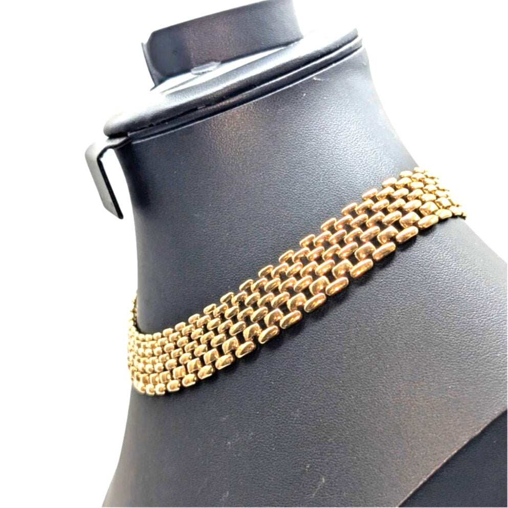 Vintage Gold Tone 3/4" Wide Basket Weave Chain Collar Necklace