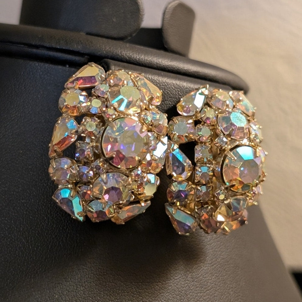 Spectacular Vintage AB Rhinestone Crystal Gold Tone Statement Clip On Earrings