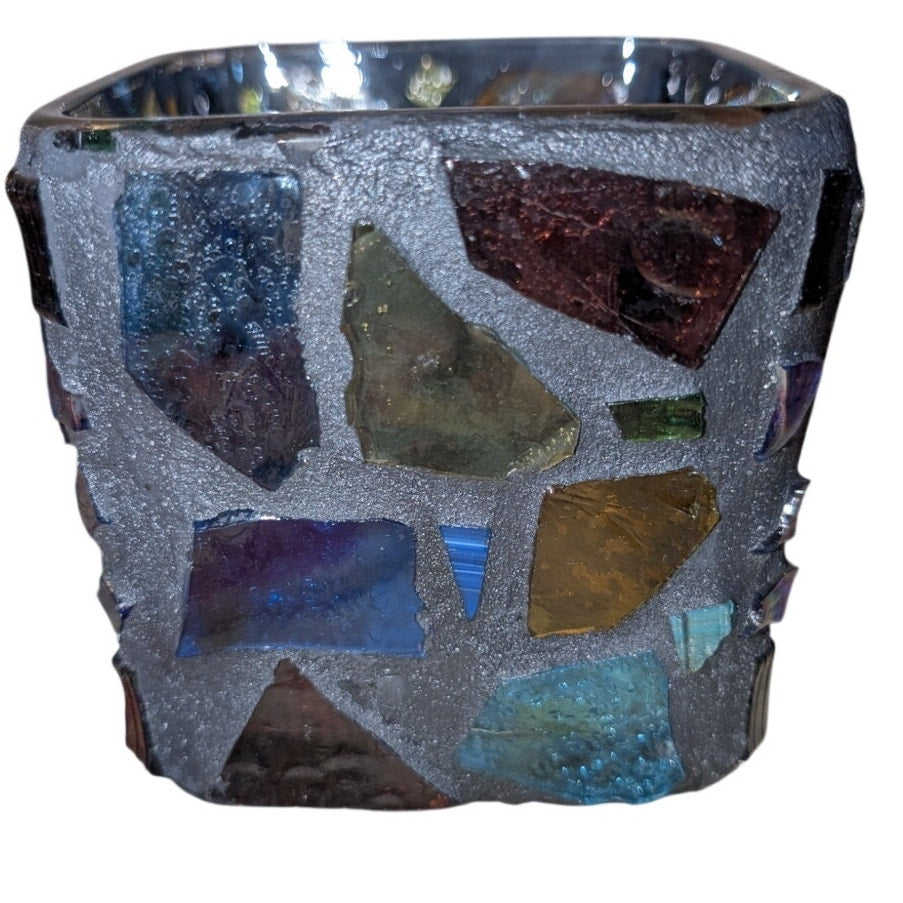 Vintage Mid-Century Brutalist Made in Mexico Stained Glass Mosaic Candle Holder