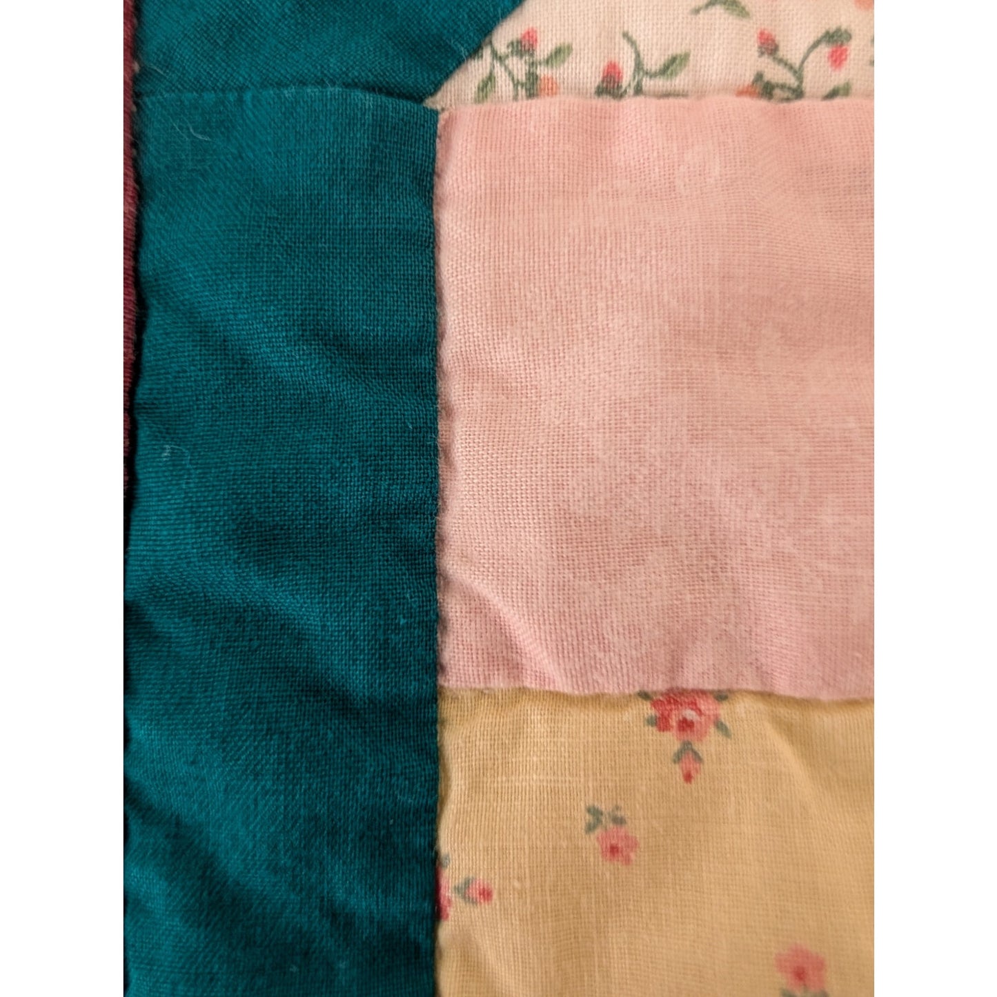Vintage 84" X 102" Teal Blue & Mauve Cotton Hand Stitched Quilt