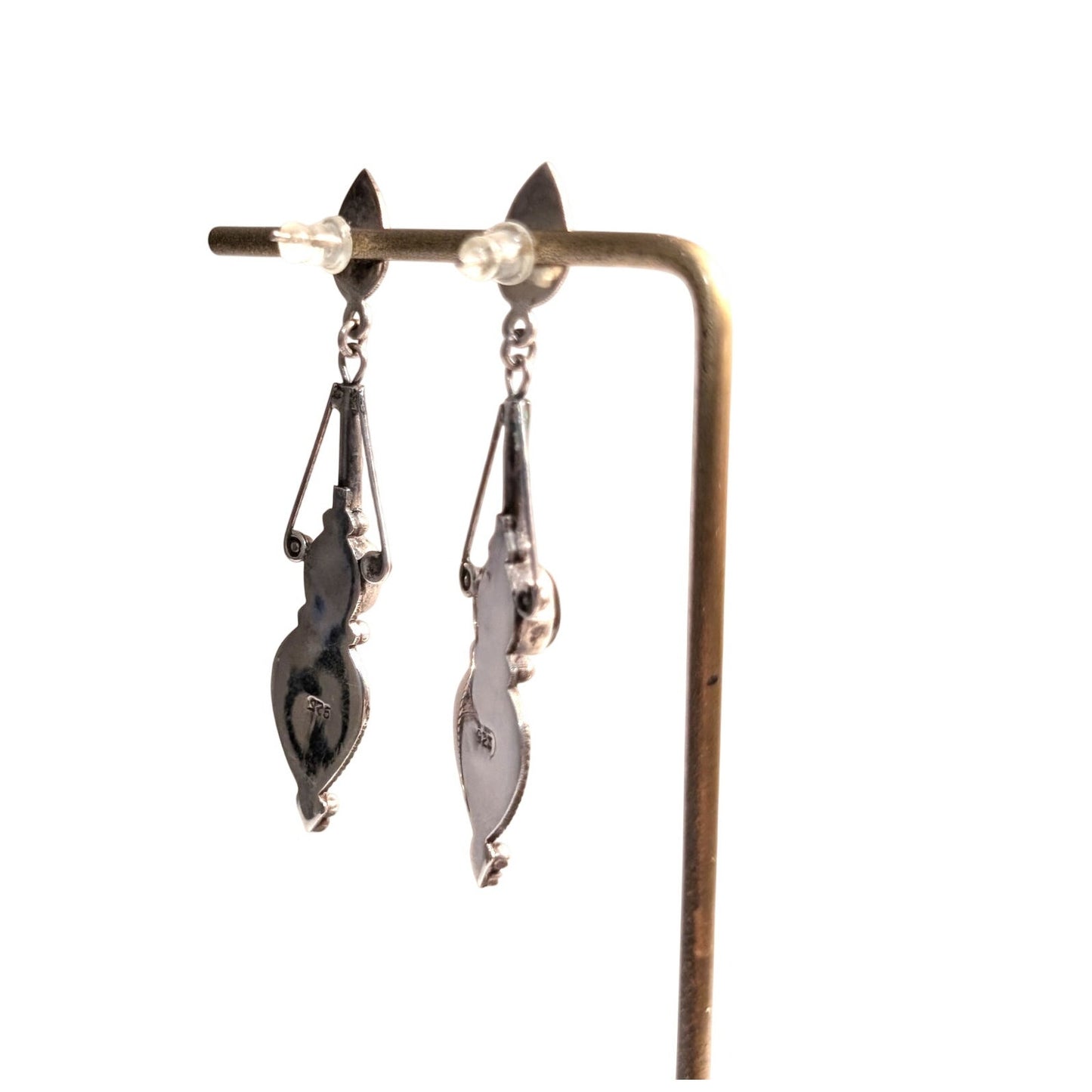 Vintage 925 Sterling Silver Bezel Set Onyx Long Dangle Post Pierced Earrings