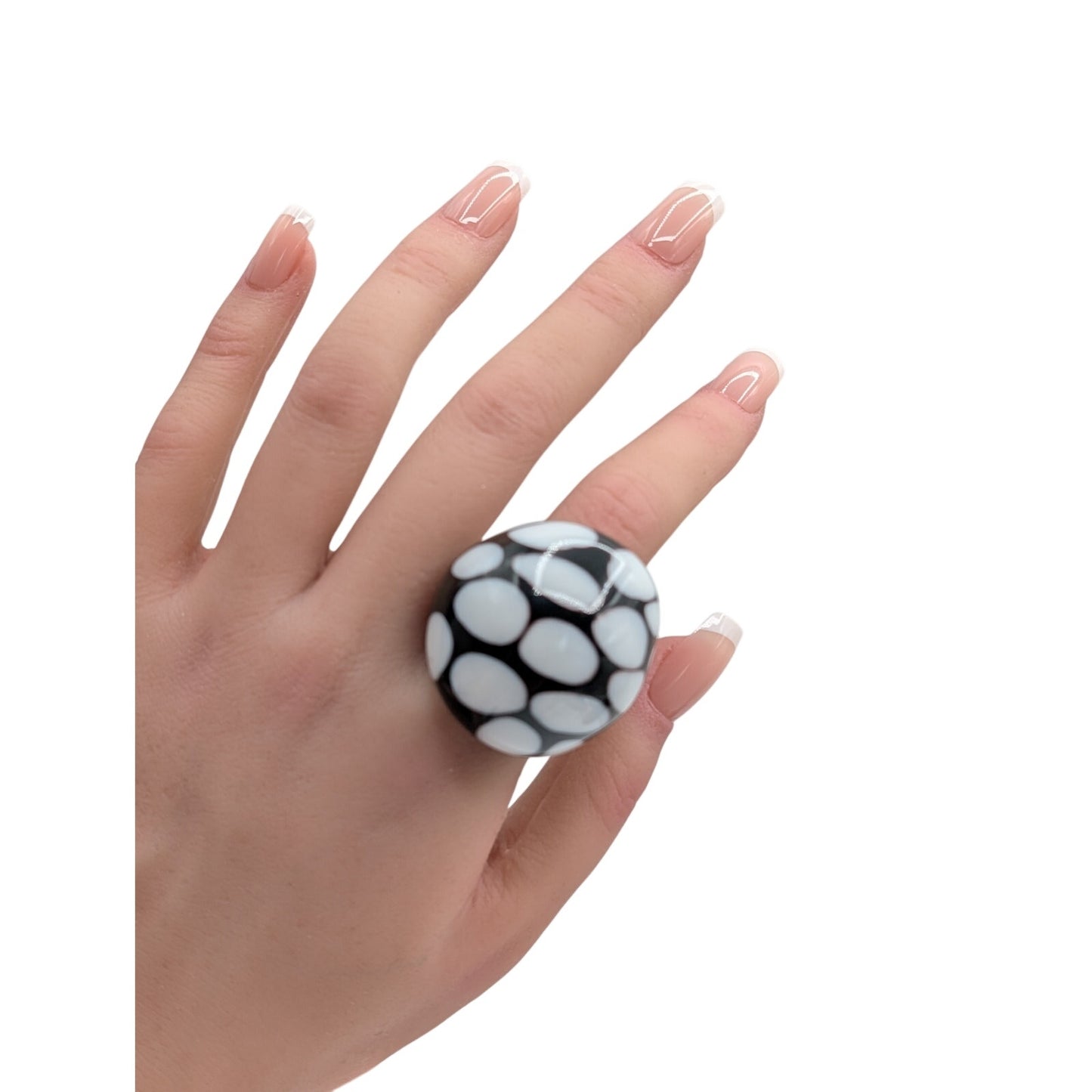 Chunky Black Polka Dot Lampwork Glass Dome Ring Size 6