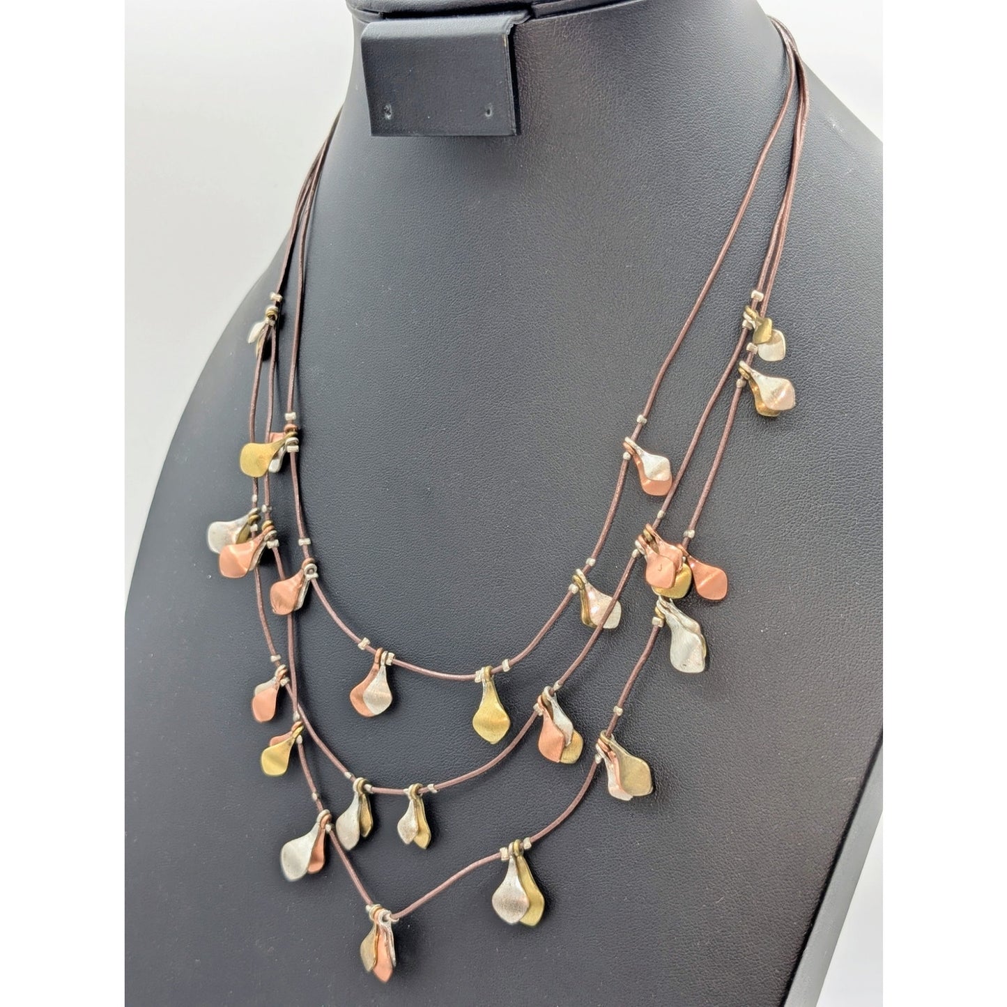 Brown Triple Corded Strand Tri-Color Metal Dangle 18"-20" Necklace