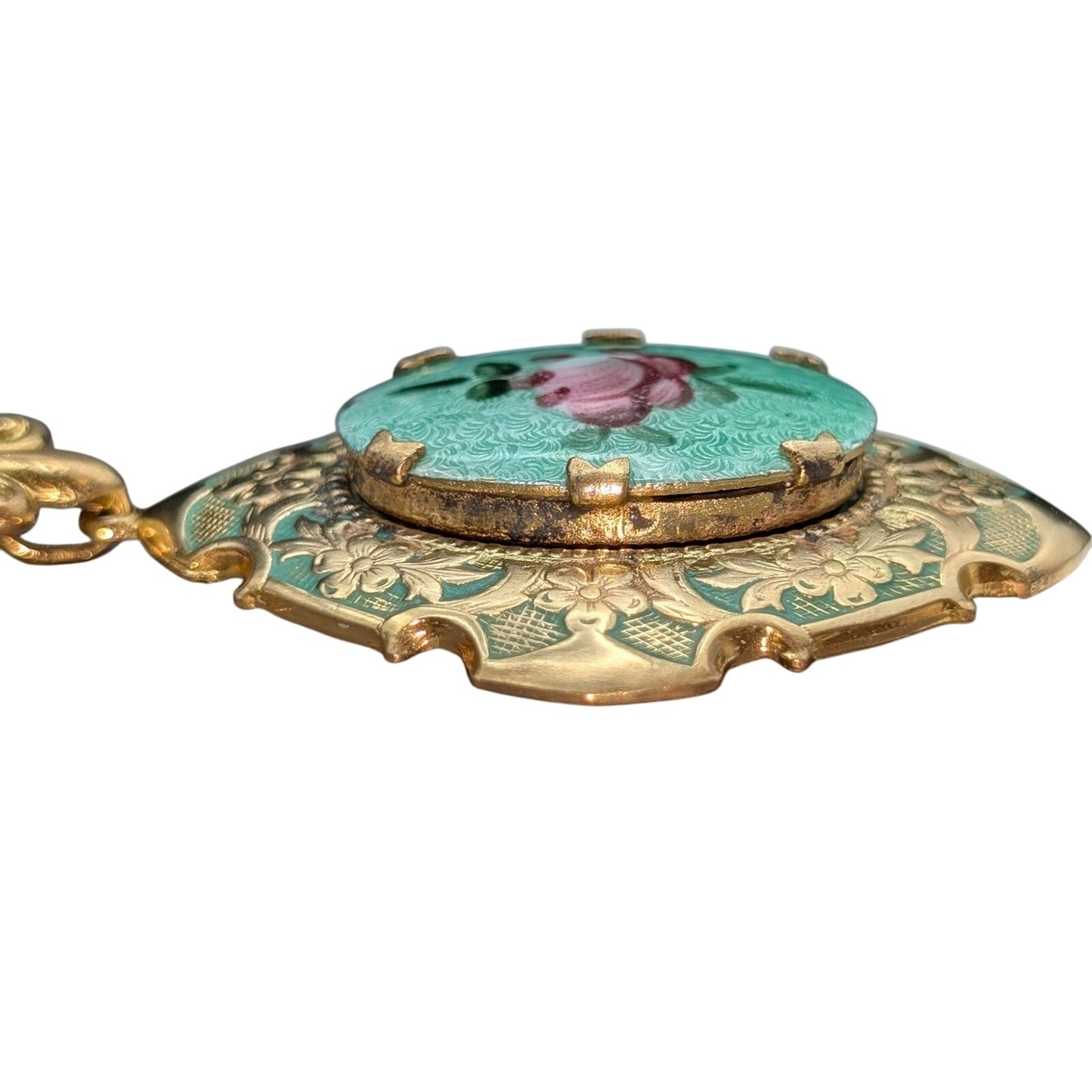 Vtg 1930s Guilloche Enamel Work Rose Design Fleur de Lis Locket Hanging Brooch